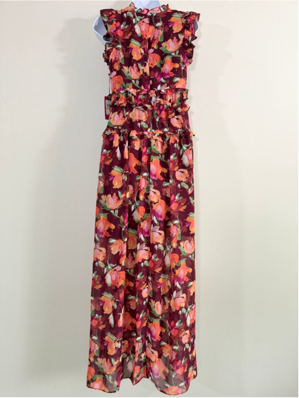 Vince Camuto Size 12 Burgundy Floral Ruffle Chiffon Maxi Dress NWT - Picture 4 of 5